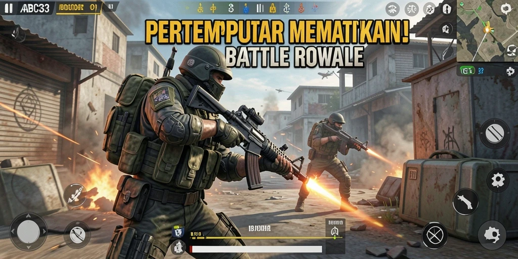 Tampilan gameplay ABC33 dalam aksi pertarungan Battle Royale yang mendebarkan.