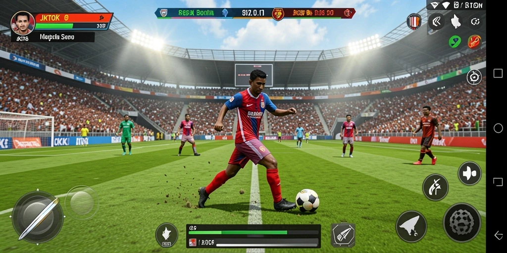 Tampilan gameplay menarik dari JKTOK, menunjukkan aksi sepak bola yang seru.
