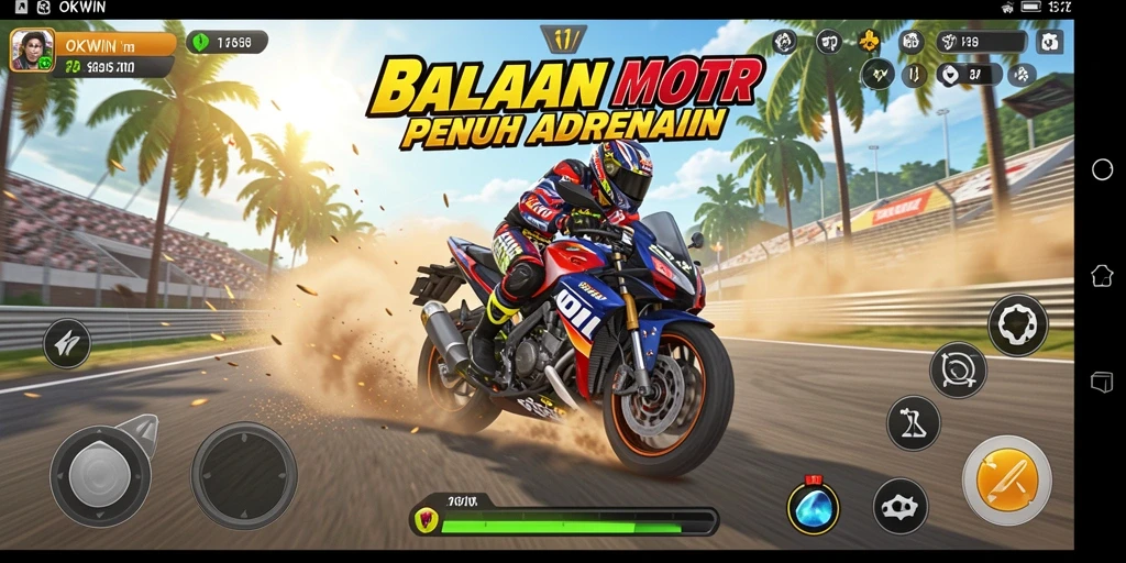 Screenshot gameplay OKWIN menampilkan aksi balapan motor yang menegangkan.