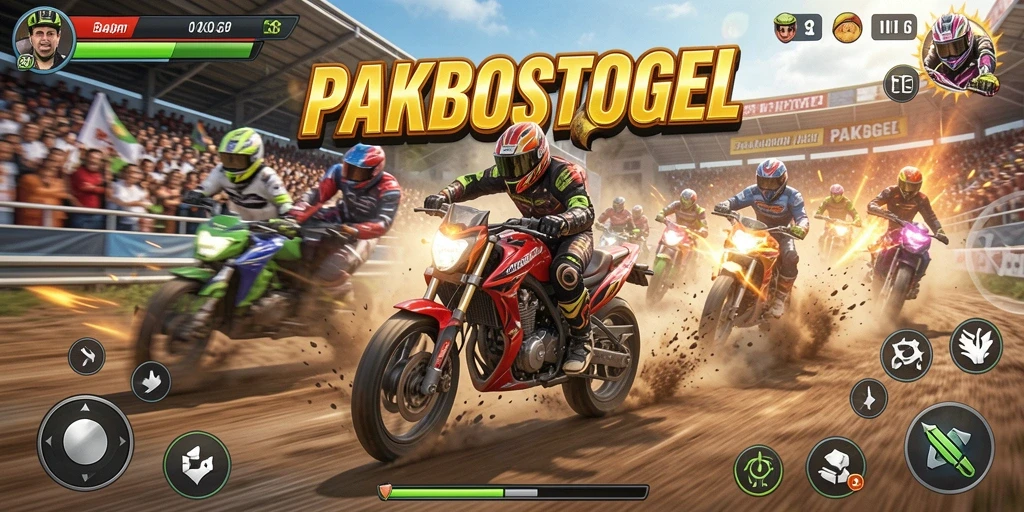 Tampilan gameplay PAKBOSTOGEL yang mendebarkan dalam balapan motor.