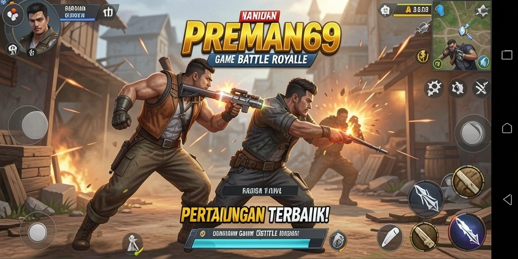 Screenshot PREMAN69 menampilkan pertarungan intens di arena Battle Royale.