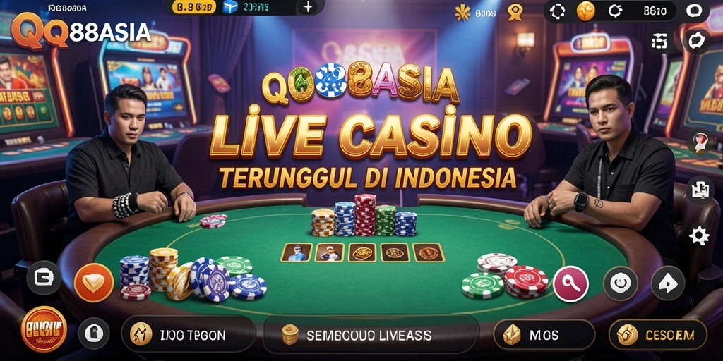 Tangkapan layar gameplay QQ88ASIA menampilkan dealer live yang interaktif dan suasana kasino yang mendebarkan.