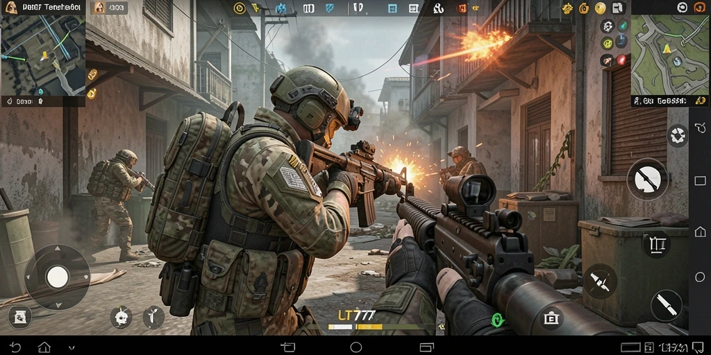 Tangkapan layar utama UT77 menampilkan aksi menegangkan dalam pertempuran FPS.