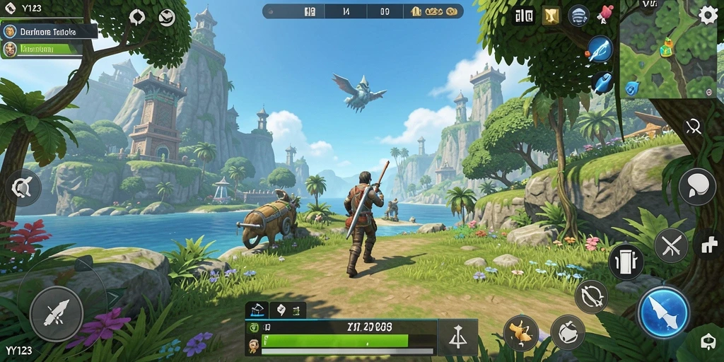 Tangkapan layar gameplay YY123 memperlihatkan petualangan di dunia terbuka yang luas.